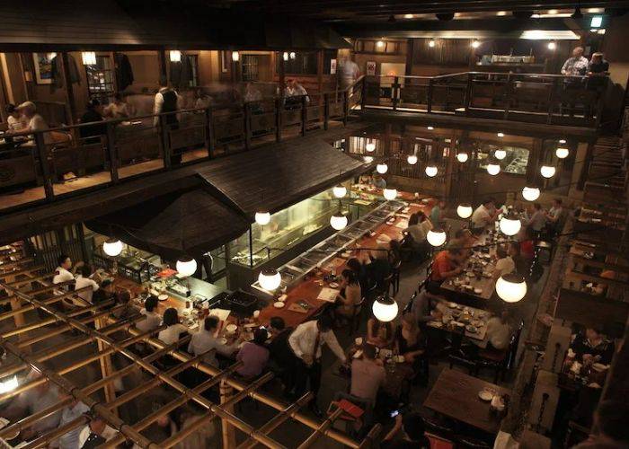 Looking out across the spacious dining area and mezzanine of Gonpachi Nishiazabu, famous as a setting in Kill Bill.